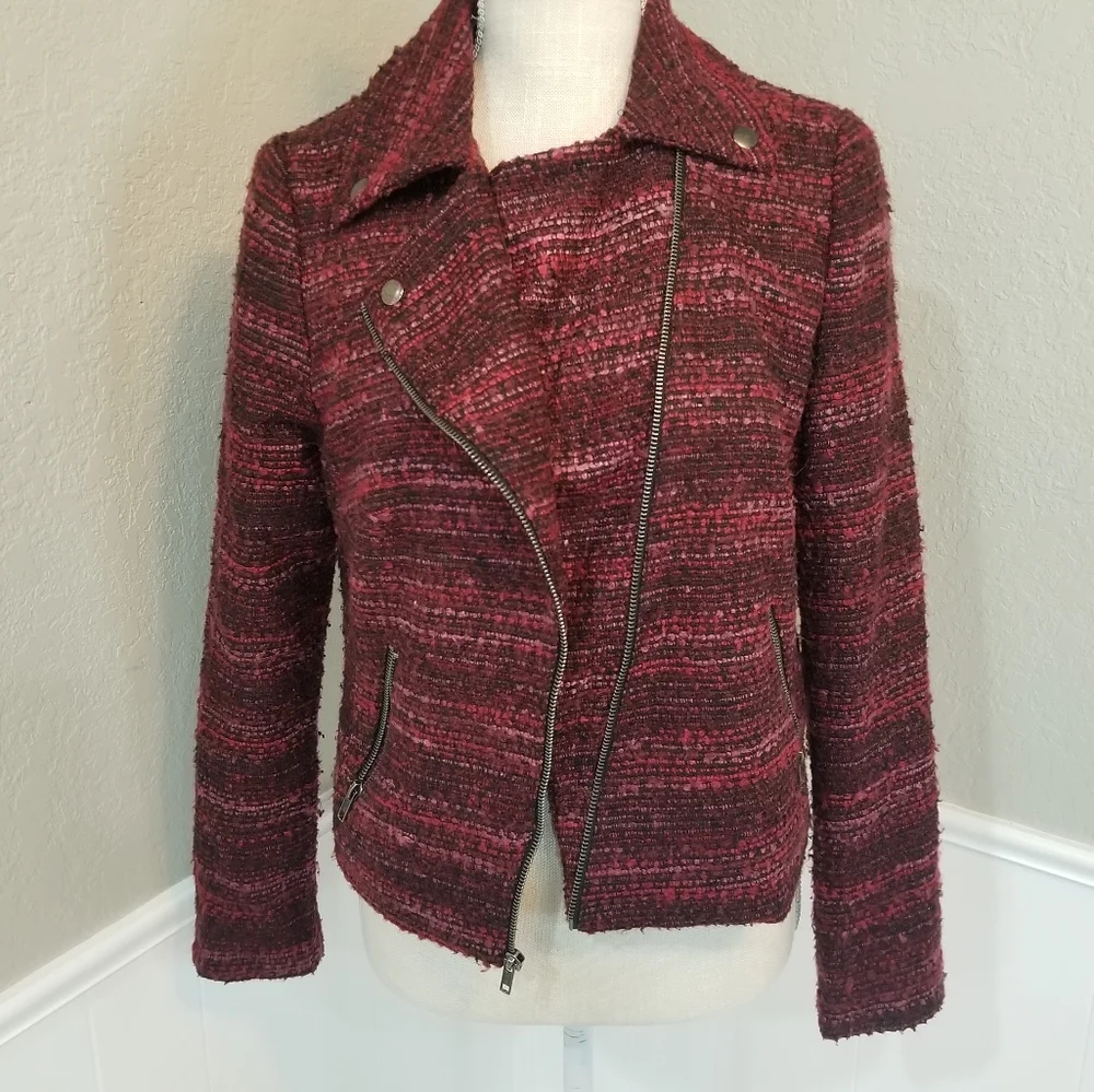 Dana Buchman Chili Pepper Red Moto Full Diagonal Tweed Jacket